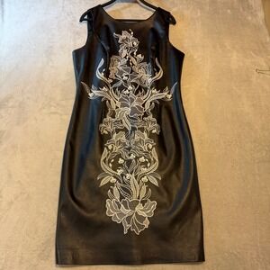 White House Black Market Faux Leather Floral Applique Sheath Dress Black 6 NWT